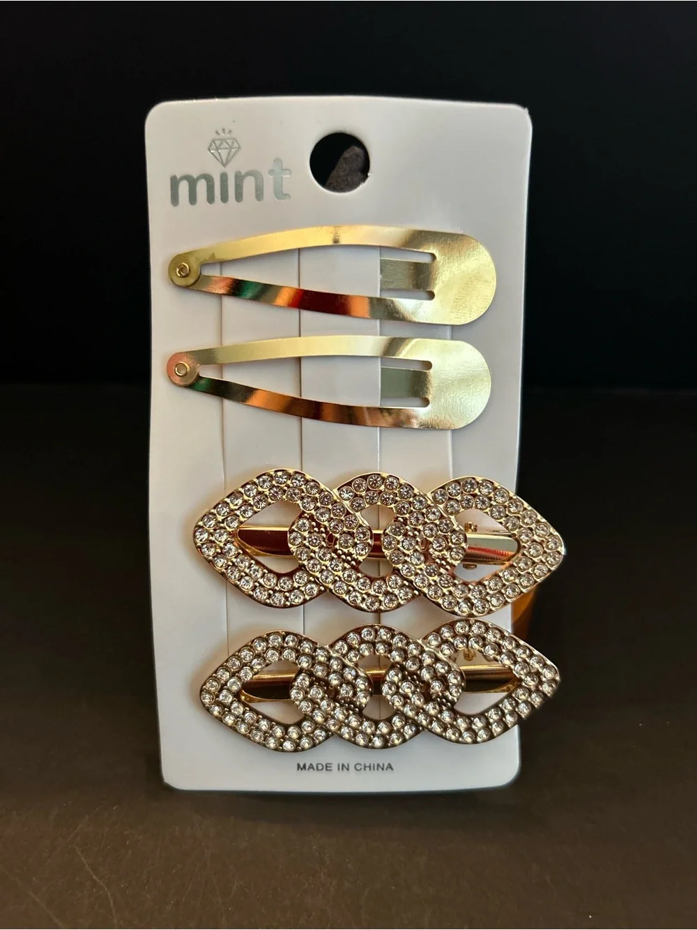 Mint Golden Rhinestone Chain-Link Hair Clips - Set of Two - NWT